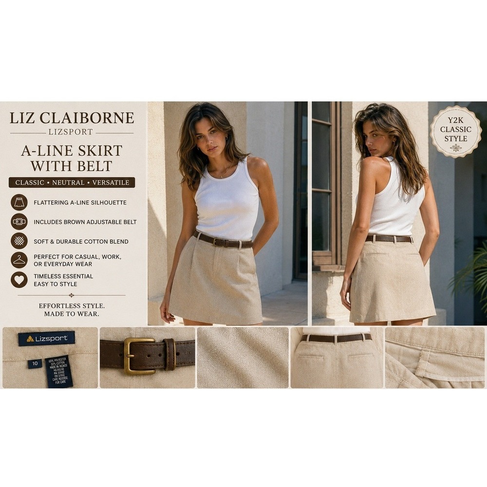 Liz Claiborne Lizsport Beige A-Line Mini Skirt Belted Womens Size 10 Y2K